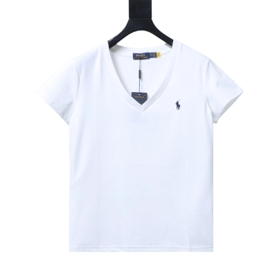 Ralph Lauren RL Pony Logo Embroidery Solid Color V-Neck T-Shirt Women Style 4 02