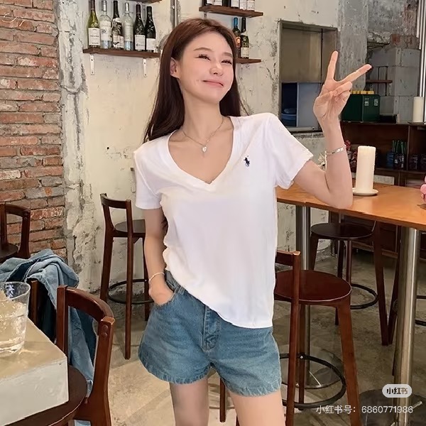 Ralph Lauren RL Pony Logo Embroidery Solid Color V-Neck T-Shirt Women Style 4