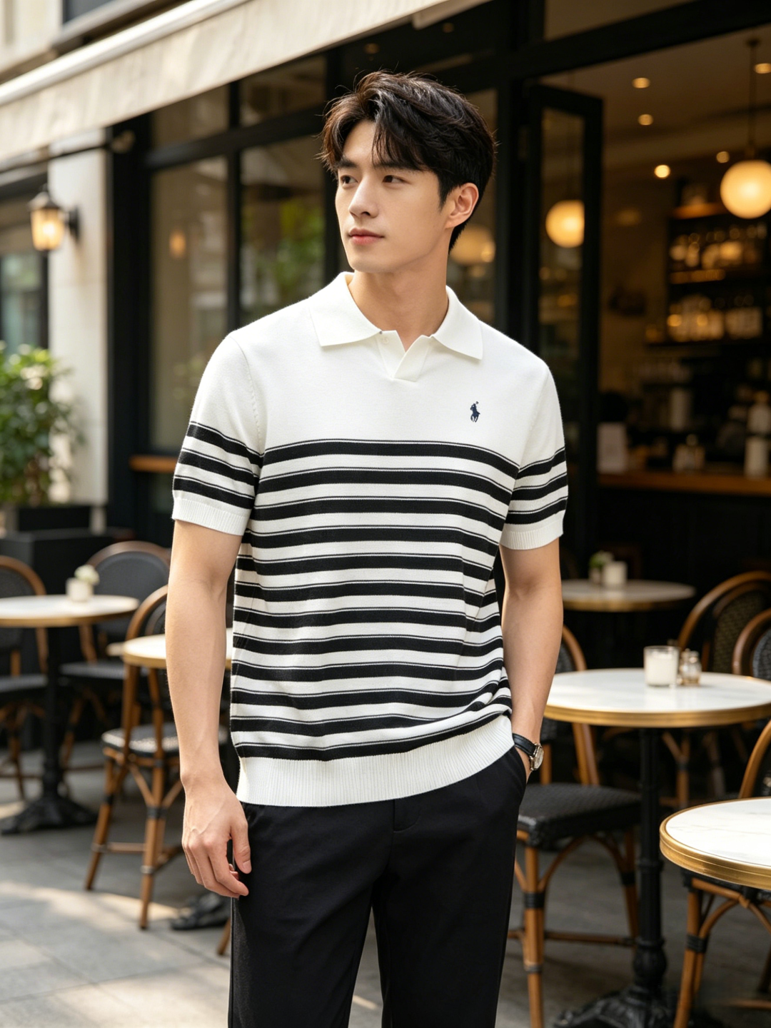 Ralph Lauren Striped Pony Logo Embroidery Small V-Neck Knit Short Sleeve Polo Shirt Style 1