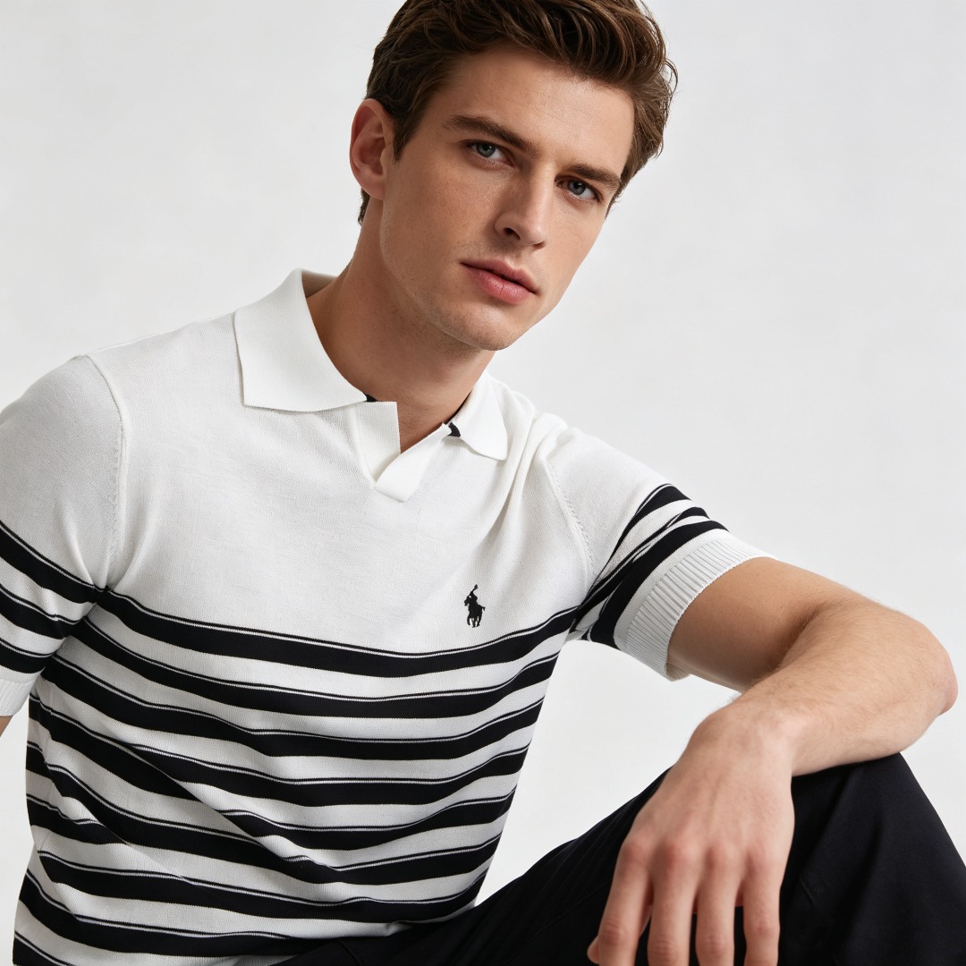 Ralph Lauren Striped Pony Logo Embroidery Small V-Neck Knit Short Sleeve Polo Shirt Style 1