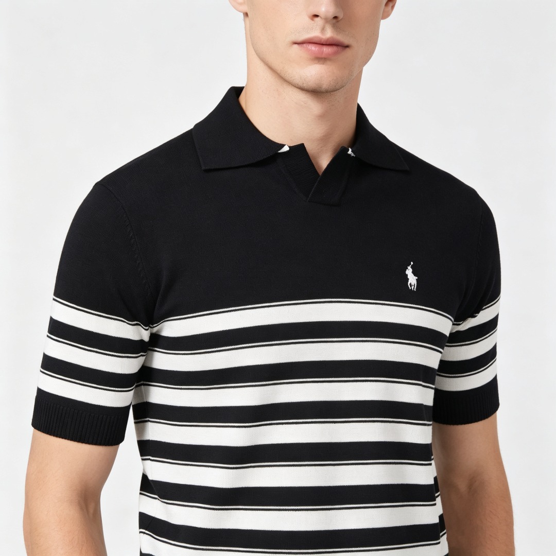 Ralph Lauren Striped Pony Logo Embroidery Small V-Neck Knit Short Sleeve Polo Shirt Style 2