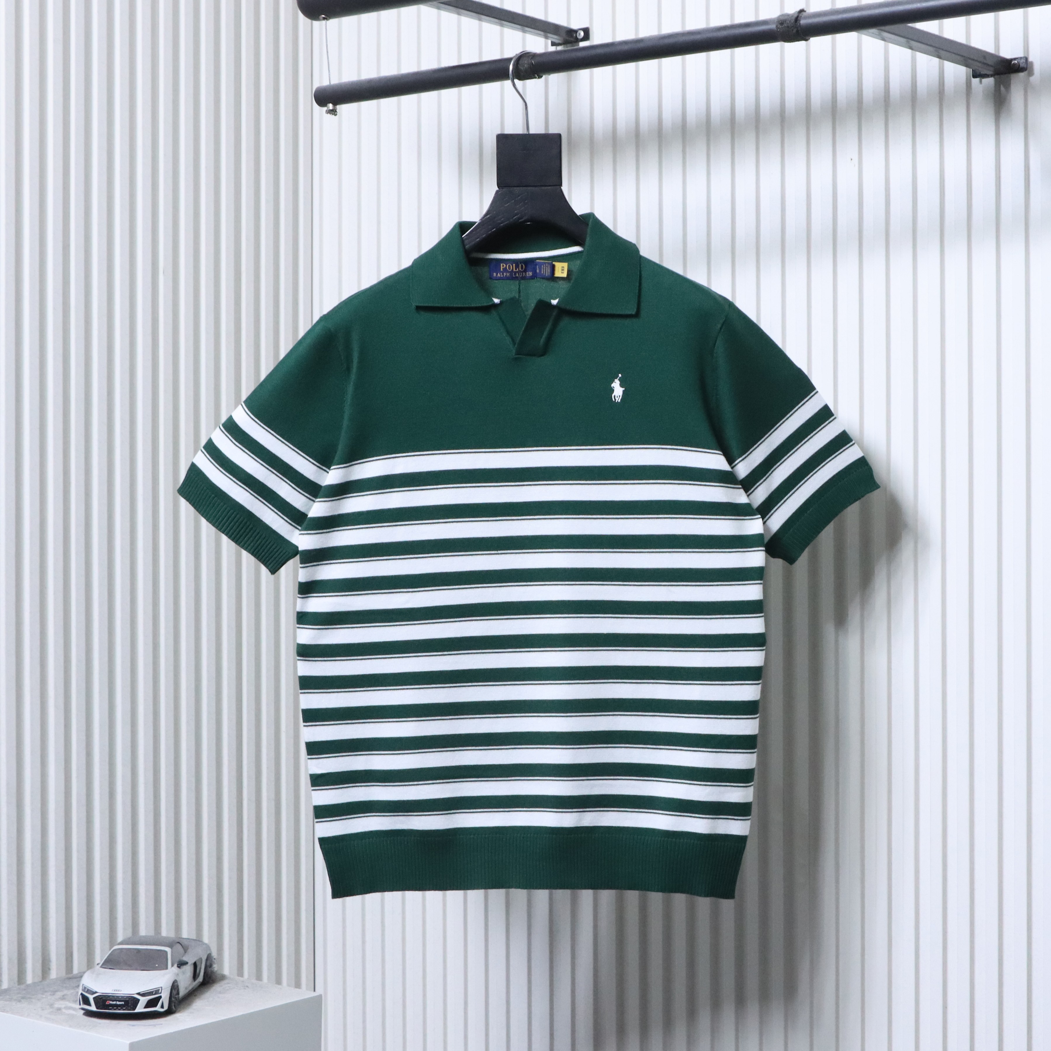 Ralph Lauren Striped Pony Logo Embroidery Small V-Neck Knit Short Sleeve Polo Shirt Style 3