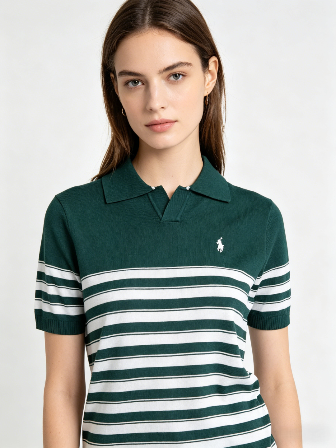 Ralph Lauren Striped Pony Logo Embroidery Small V-Neck Knit Short Sleeve Polo Shirt Style 3