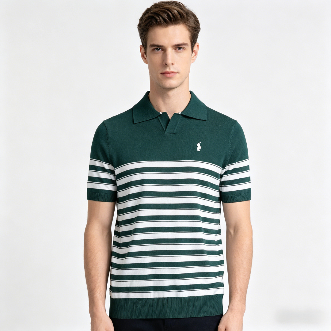 Ralph Lauren Striped Pony Logo Embroidery Small V-Neck Knit Short Sleeve Polo Shirt Style 3