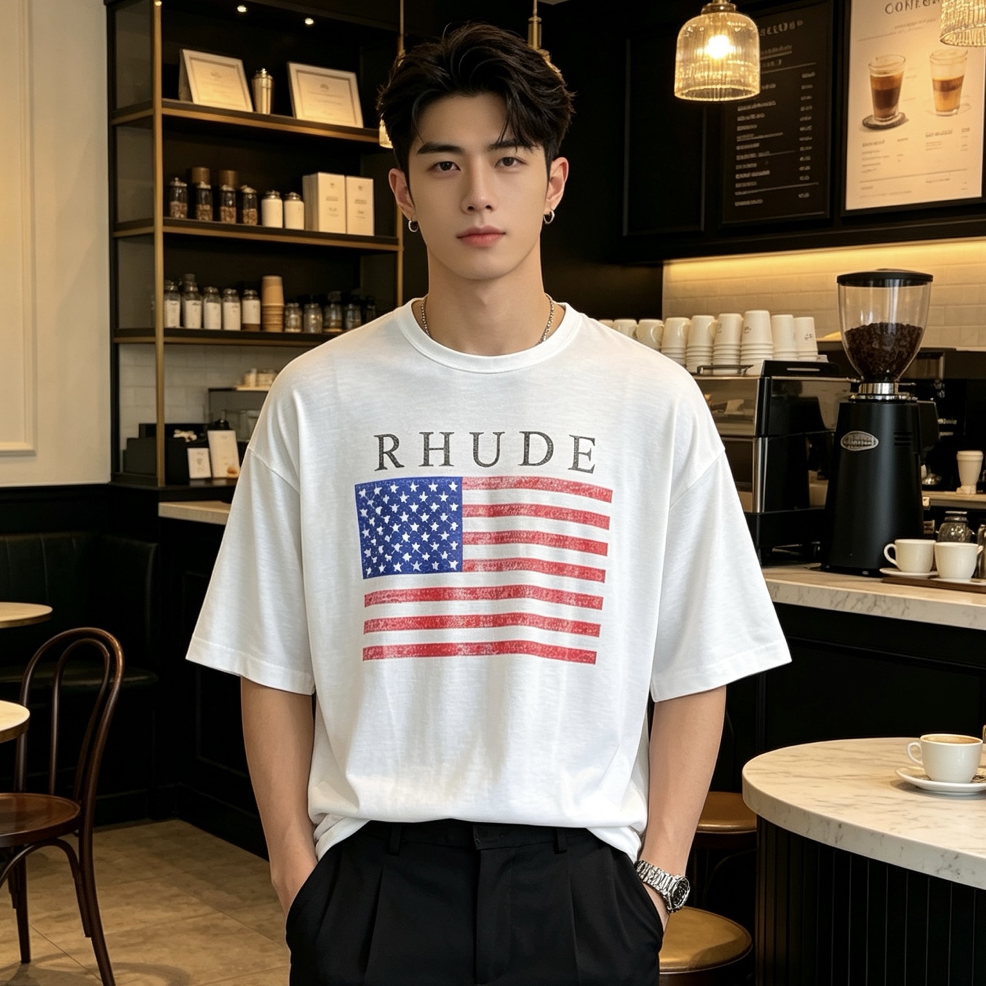 RHUDE Marlboro Vintage USA Flag Logo Print Short Sleeve T-Shirt