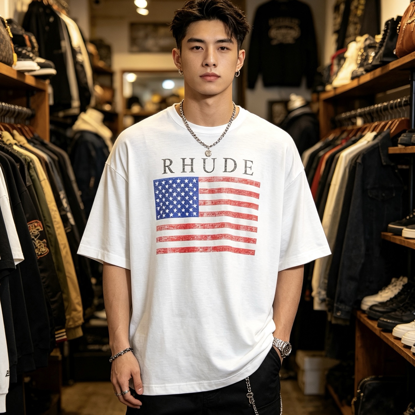 RHUDE Marlboro Vintage USA Flag Logo Print Short Sleeve T-Shirt