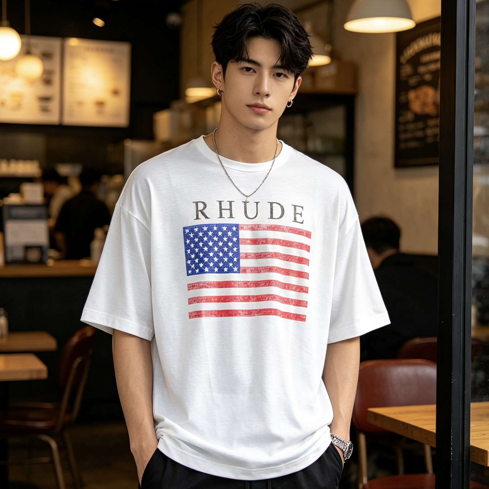 RHUDE Marlboro Vintage USA Flag Logo Print Short Sleeve T-Shirt