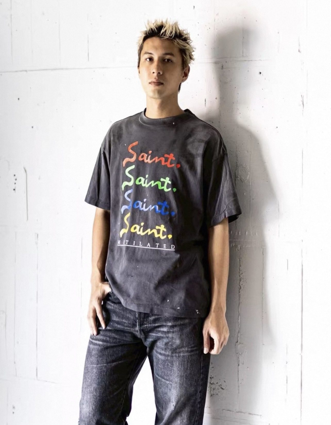 Saint Michael Color Letter Graphic Crewneck Short Sleeve T-Shirt