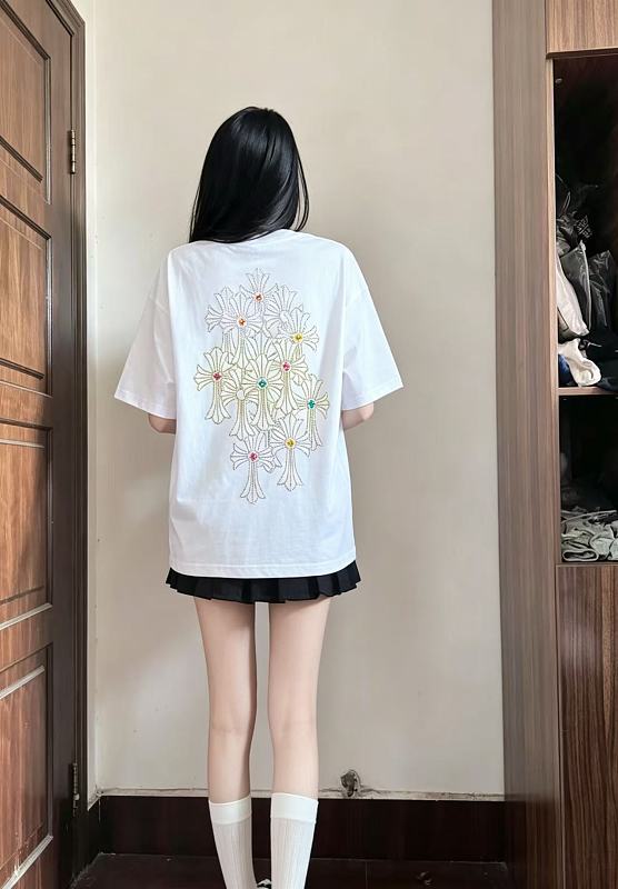 Chrome Hearts 26SS Cross Rhinestone Logo Short Sleeve T-Shirt Style 1