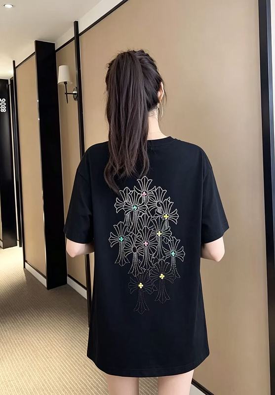 Chrome Hearts 26SS Cross Rhinestone Logo Short Sleeve T-Shirt Style 2