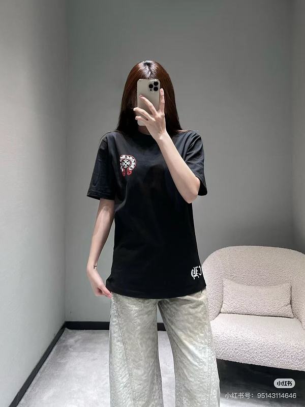 Chrome Hearts 26SS Pink Outline Horseshoe Horseshoe Logo Horseshoe Print Pink Short Sleeve T-Shirt Style 2