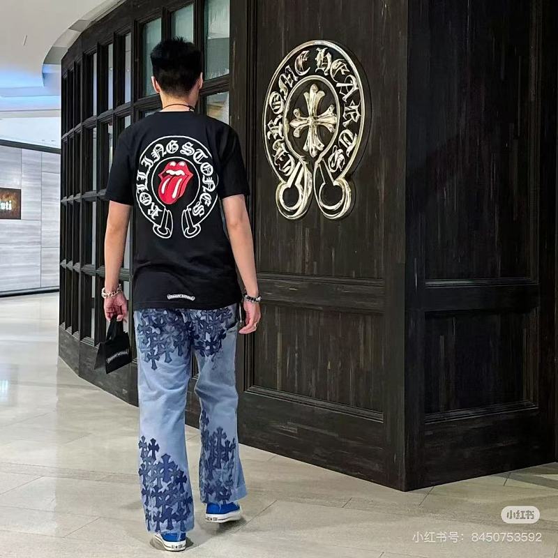 Chrome Hearts 26SS Rolling Stones Red Tongue Horseshoe Print Red Short Sleeve T-Shirt Style 2