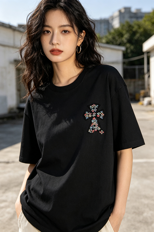 Chrome Hearts Colorful Cross Cross Applique CH Short Sleeve T-Shirt Style 1