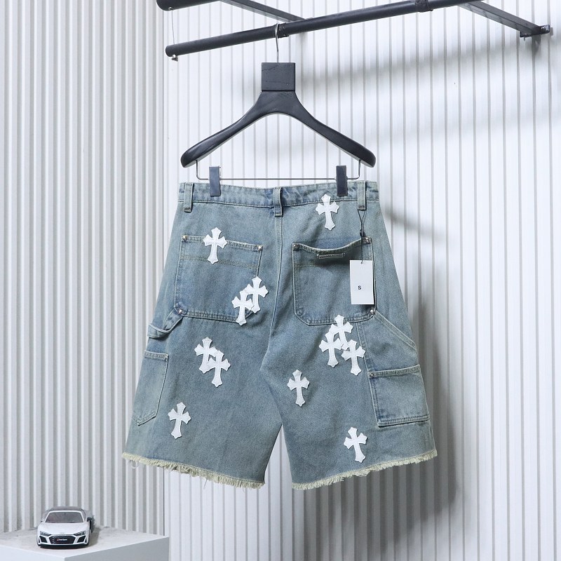 Chrome Hearts Cross Applique Leather Label Cargo Denim Shorts Style 1