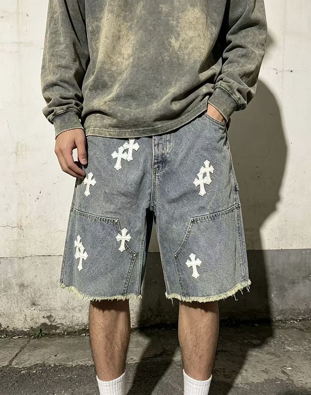 Chrome Hearts Cross Applique Leather Label Cargo Denim Shorts Style 1