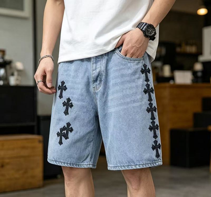 Chrome Hearts Cross Applique Leather Label Cargo Denim Shorts Style 2