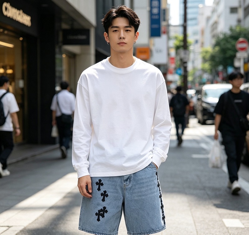 Chrome Hearts Cross Applique Leather Label Cargo Denim Shorts Style 2