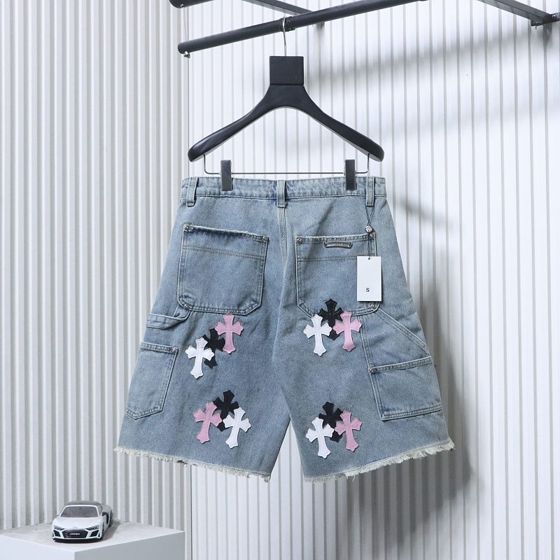 Chrome Hearts Cross Applique Leather Label Cargo Denim Shorts Style 3