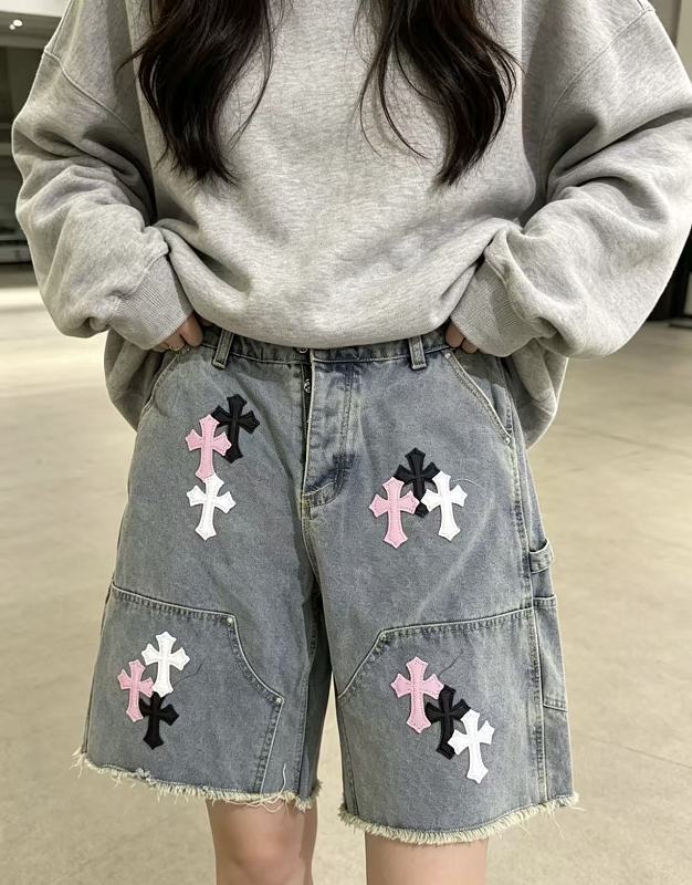 Chrome Hearts Cross Applique Leather Label Cargo Denim Shorts Style 3