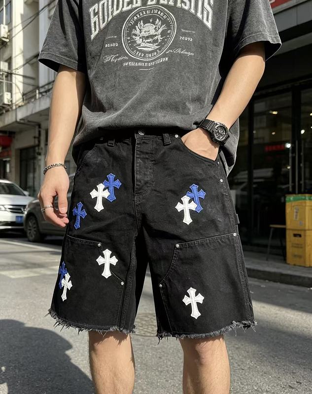 Chrome Hearts Cross Applique Leather Label Cargo Denim Shorts Style 4