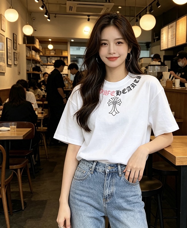 Chrome Hearts Cross Necklace Graphic Gothic Letter Colorblock Short Sleeve T-Shirt Style 1