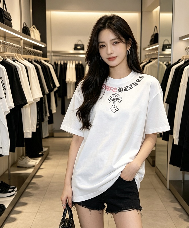 Chrome Hearts Cross Necklace Graphic Gothic Letter Colorblock Short Sleeve T-Shirt Style 1