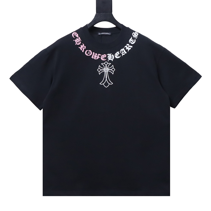 Chrome Hearts Cross Necklace Graphic Gothic Letter Colorblock Short Sleeve T-Shirt Style 2