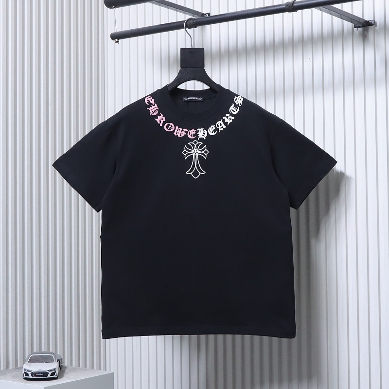 Chrome Hearts Cross Necklace Graphic Gothic Letter Colorblock Short Sleeve T-Shirt Style 2