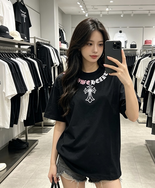 Chrome Hearts Cross Necklace Graphic Gothic Letter Colorblock Short Sleeve T-Shirt Style 2