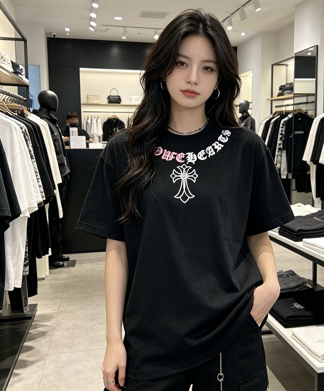 Chrome Hearts Cross Necklace Graphic Gothic Letter Colorblock Short Sleeve T-Shirt Style 2