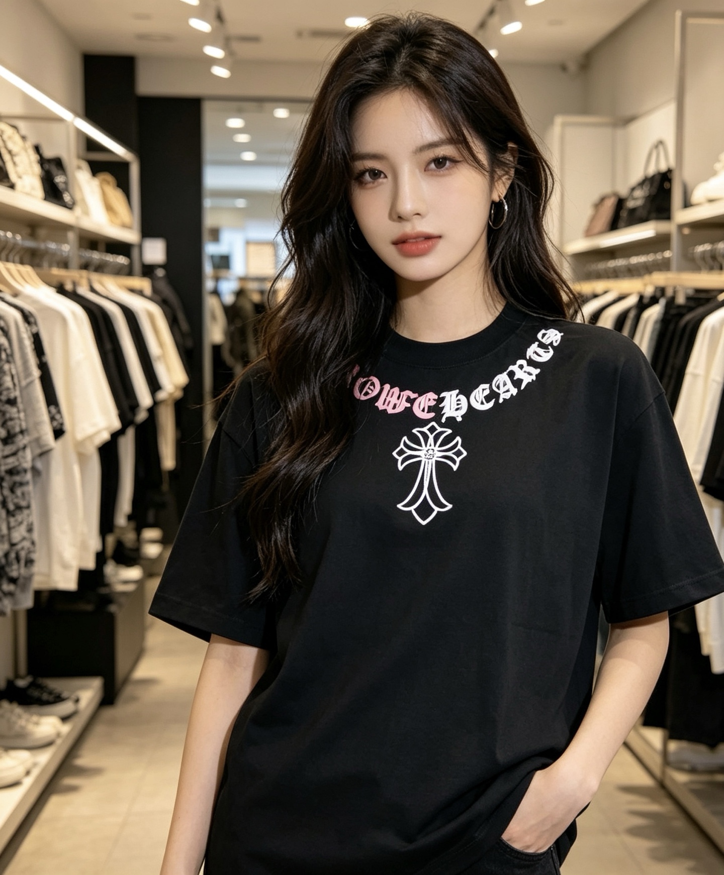 Chrome Hearts Cross Necklace Graphic Gothic Letter Colorblock Short Sleeve T-Shirt Style 2