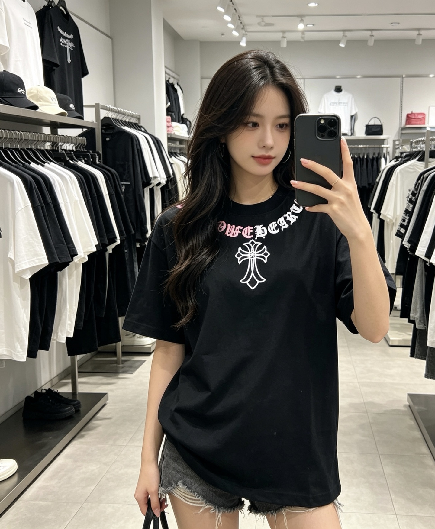 Chrome Hearts Cross Necklace Graphic Gothic Letter Colorblock Short Sleeve T-Shirt Style 2
