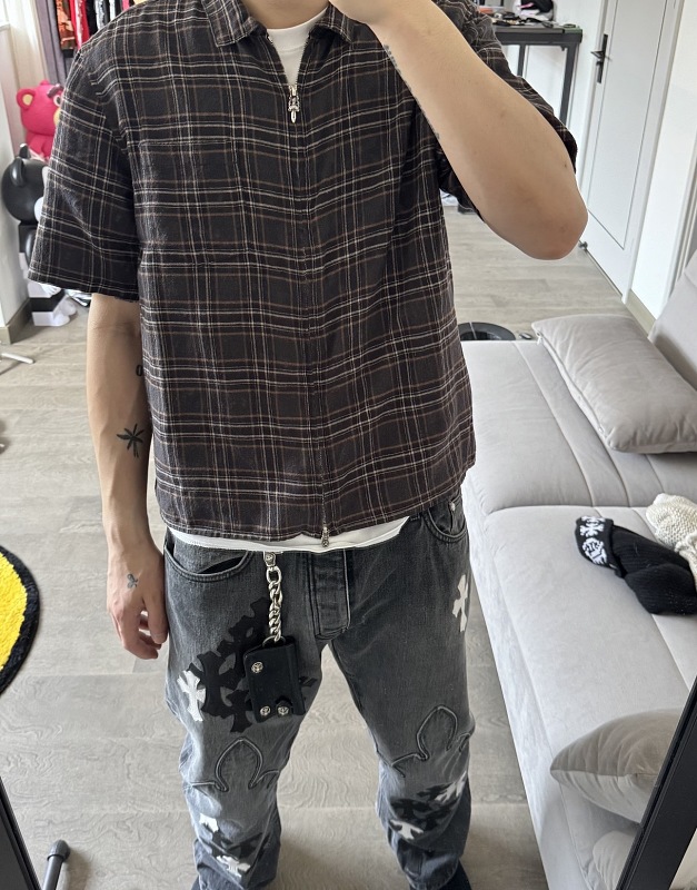 Chrome Hearts Dagger Plaid Zip Short Sleeve Shirt
