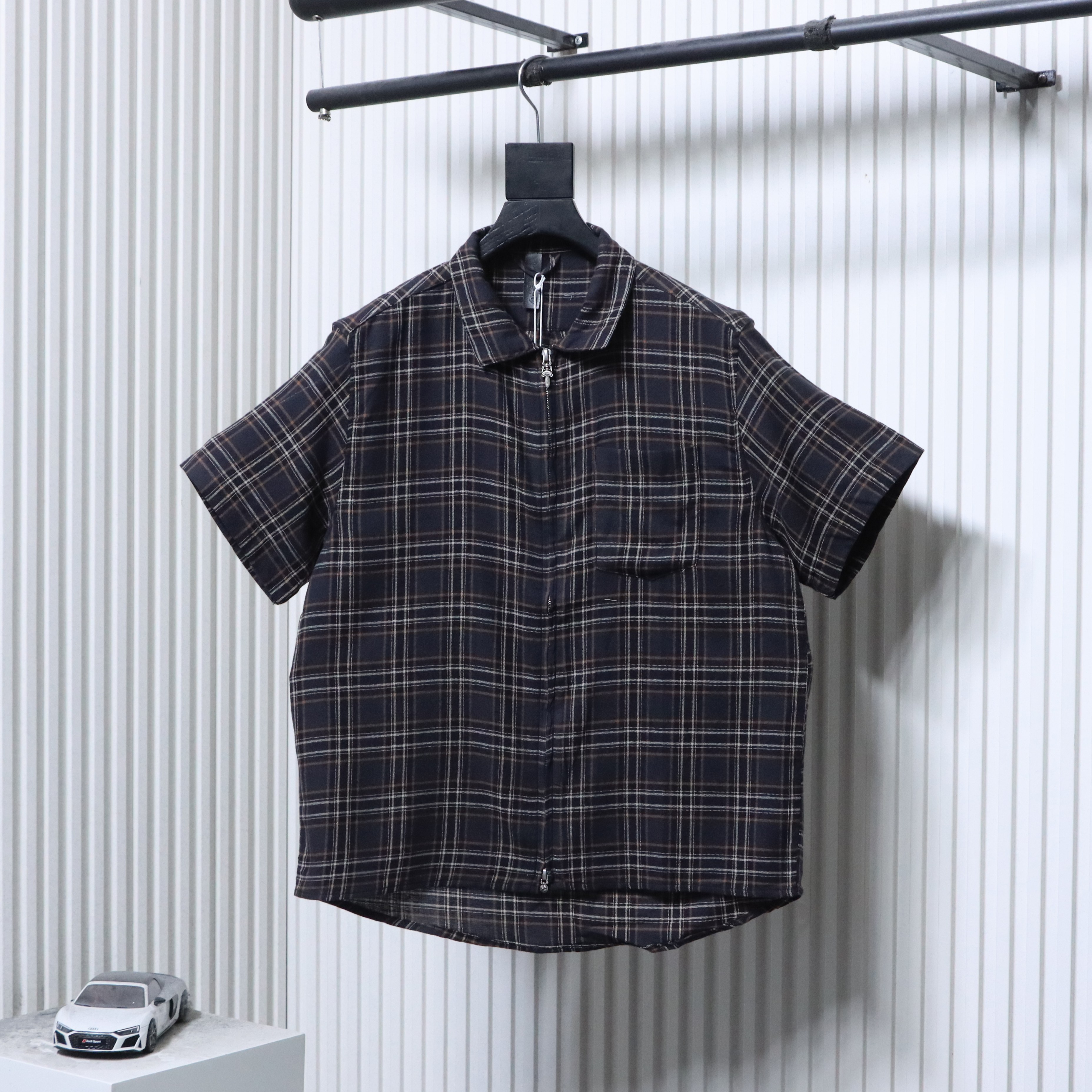 Chrome Hearts Dagger Plaid Zip Short Sleeve Shirt