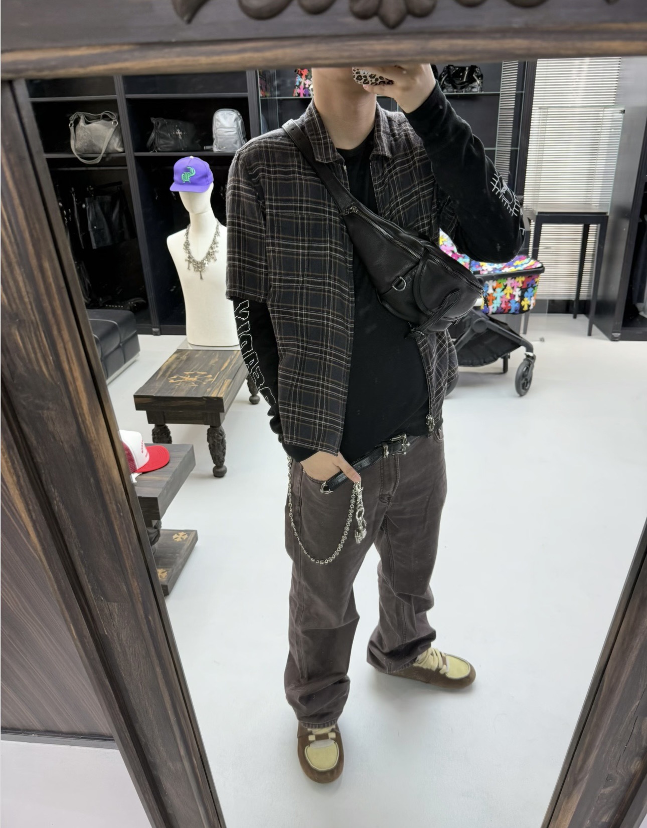 Chrome Hearts Dagger Plaid Zip Short Sleeve Shirt