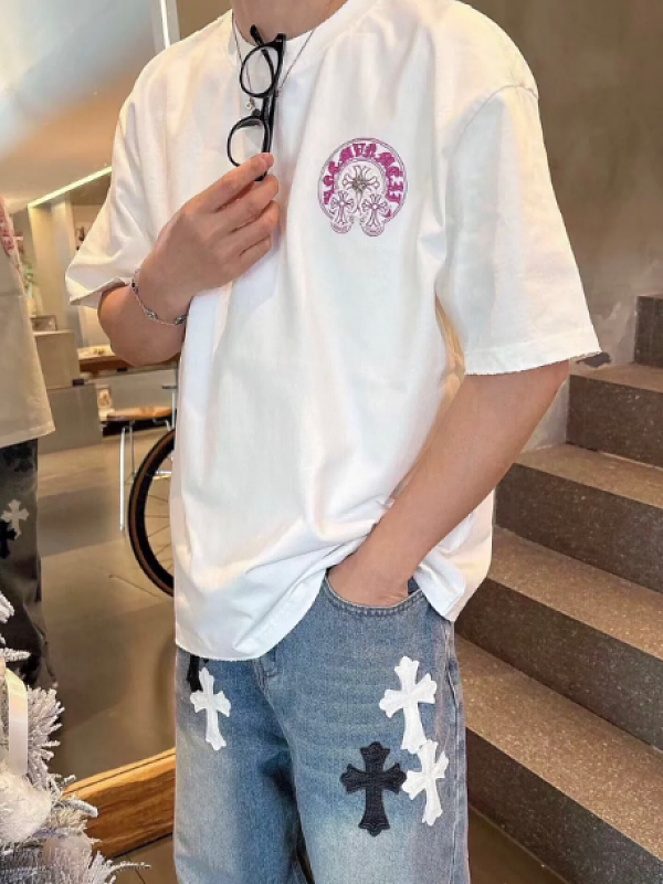 Chrome Hearts Horseshoe Cross Distressed Applique Embroidered Short Sleeve T-Shirt Style 1