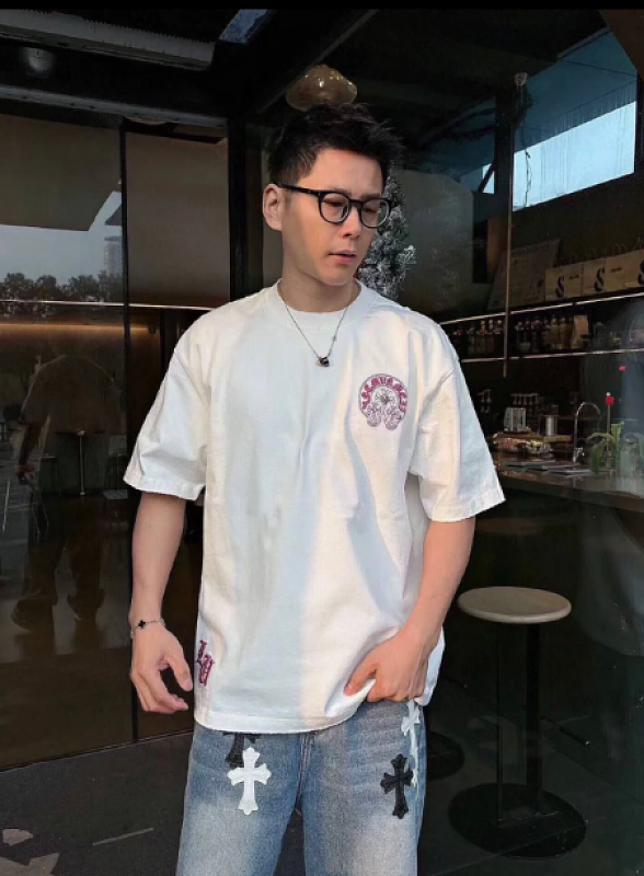 Chrome Hearts Horseshoe Cross Distressed Applique Embroidered Short Sleeve T-Shirt Style 1