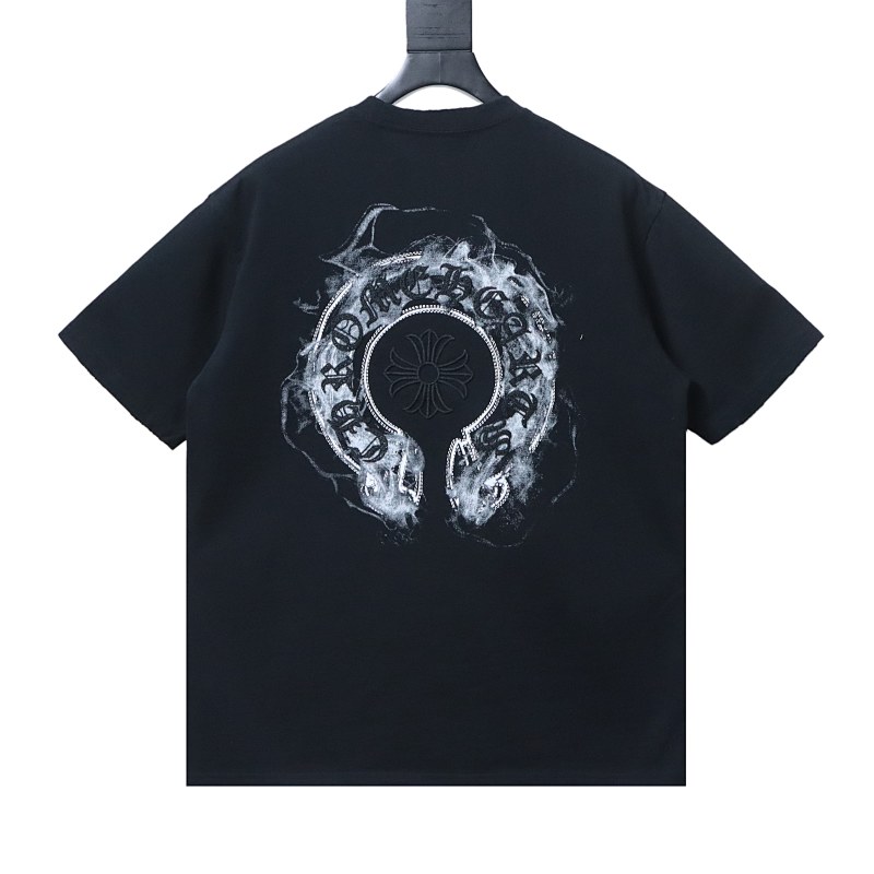 Chrome Hearts Horseshoe Smoke Ink Splatter Ink Splatter Washed Distressed Embroidered Short Sleeve T-Shirt Style 1