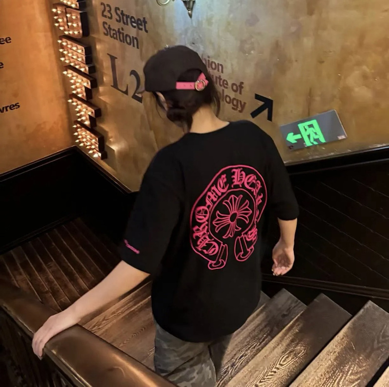 Chrome Hearts Pink Horseshoe Horseshoe Cross Print Pink CH Short Sleeve T-Shirt Style 1