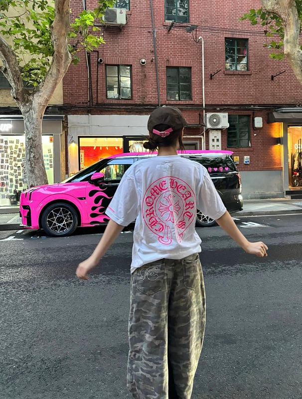 Chrome Hearts Pink Horseshoe Horseshoe Cross Print Pink CH Short Sleeve T-Shirt Style 2