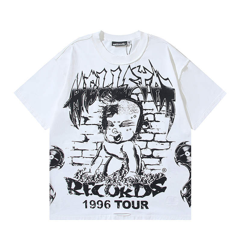 Hellstar American Streetwear Cotton Loose Fit Cut-Out Distressed Inside-Out Reverse Wear Short Sleeve T-Shirt