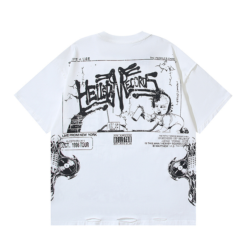 Hellstar American Streetwear Cotton Loose Fit Cut-Out Distressed Inside-Out Reverse Wear Short Sleeve T-Shirt