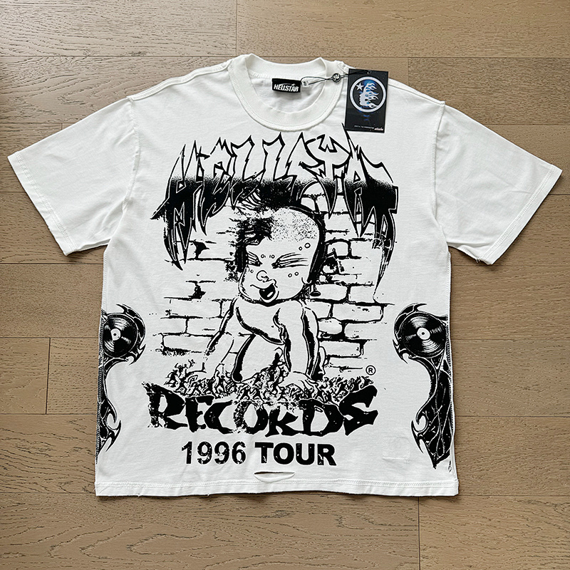 Hellstar American Streetwear Cotton Loose Fit Cut-Out Distressed Inside-Out Reverse Wear Short Sleeve T-Shirt