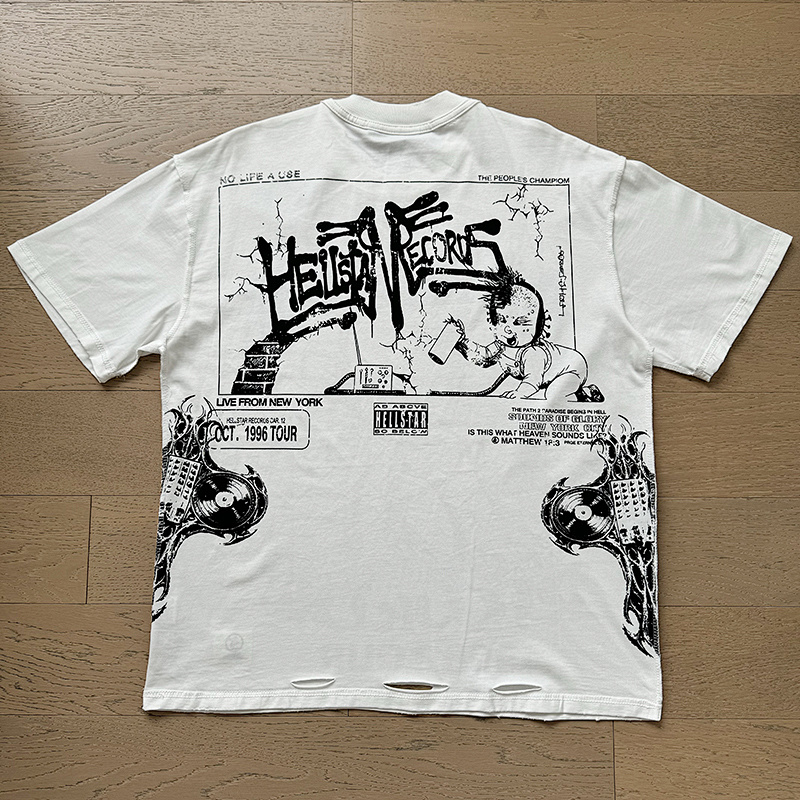 Hellstar American Streetwear Cotton Loose Fit Cut-Out Distressed Inside-Out Reverse Wear Short Sleeve T-Shirt