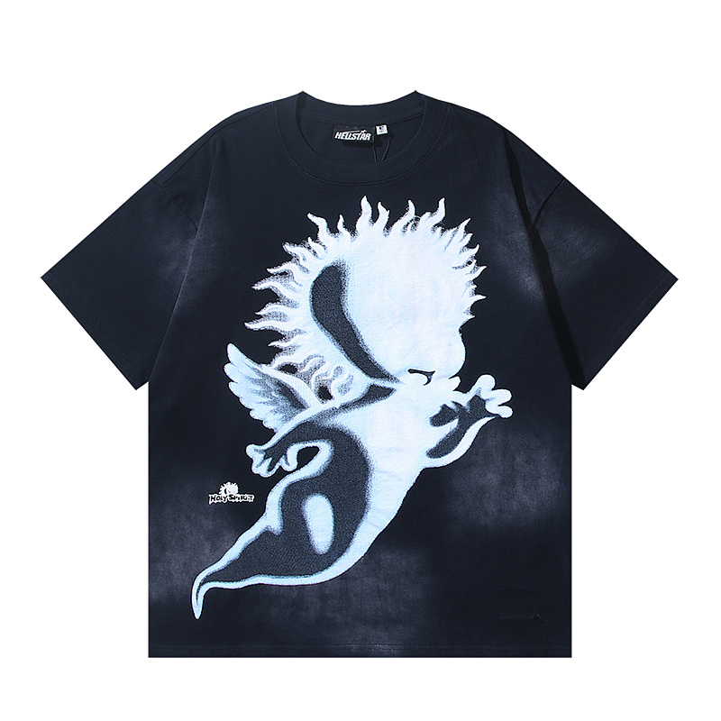 Hellstar Distressed Washed American Streetwear Print Short Sleeve T-Shirt
