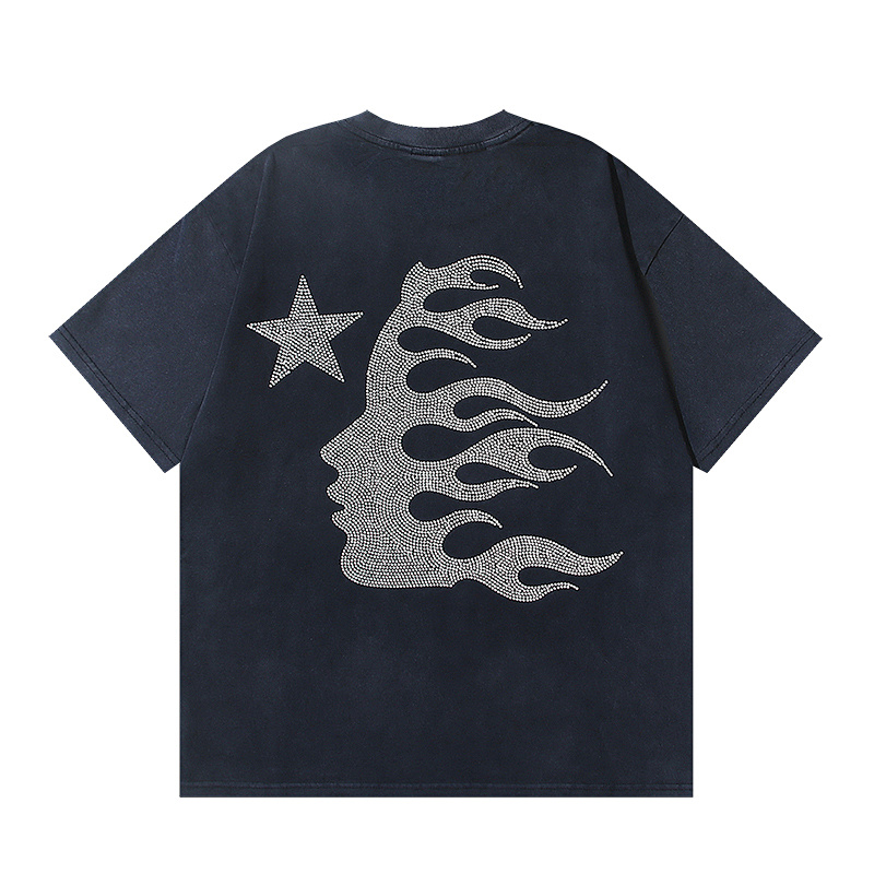 Hellstar Rhinestone Washed American Streetwear Vintage Print Short Sleeve T-Shirt