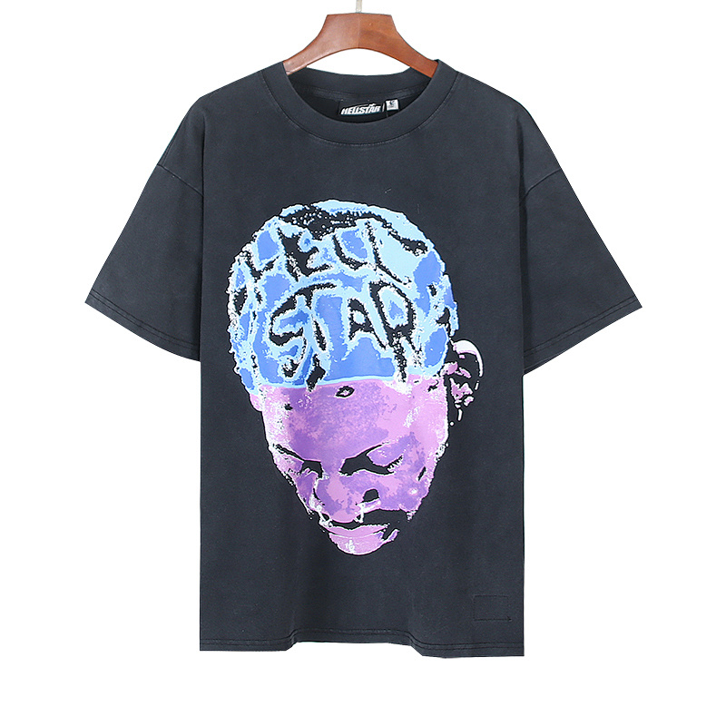 Hellstar Rhinestone Washed American Streetwear Vintage Print Short Sleeve T-Shirt