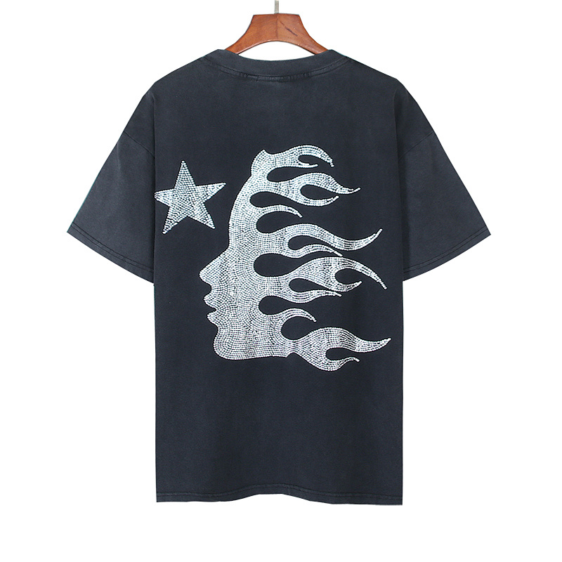 Hellstar Rhinestone Washed American Streetwear Vintage Print Short Sleeve T-Shirt