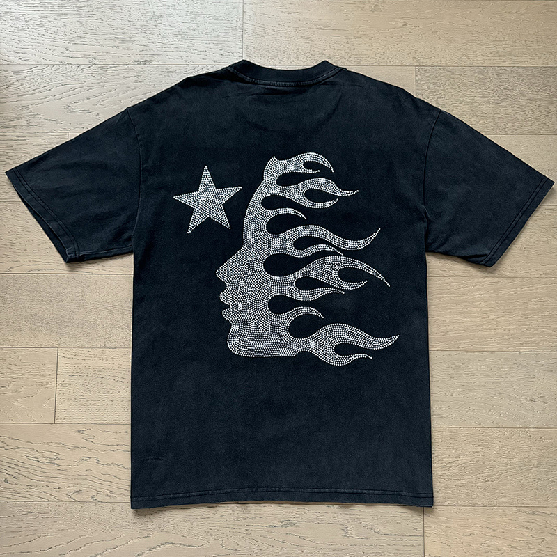 Hellstar Rhinestone Washed American Streetwear Vintage Print Short Sleeve T-Shirt