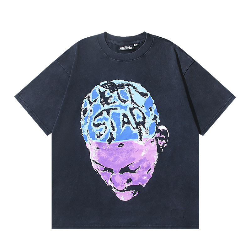 Hellstar Rhinestone Washed American Streetwear Vintage Print Short Sleeve T-Shirt